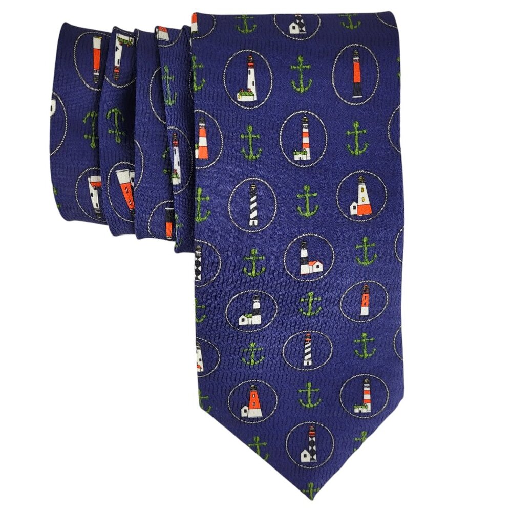 Jonathan Rogers Men's Blue Nautical Tie Lighthouse Anchors Hand Made Silk NWT